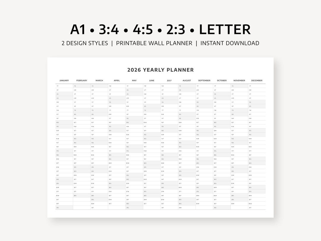 2026 Yearly Planner Wall Calendar Printable (landscape) | Year at A ...