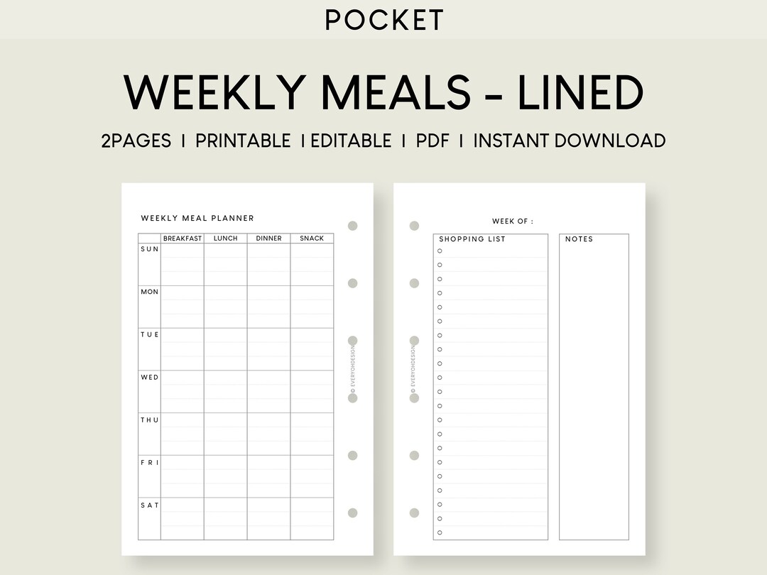 Pocket Weekly Meal Planner Printable: Lined Menu, Shopping List ...
