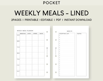 Pocket Weekly Meal Planner Printable: Lined Menu, Shopping List (Digital Download)