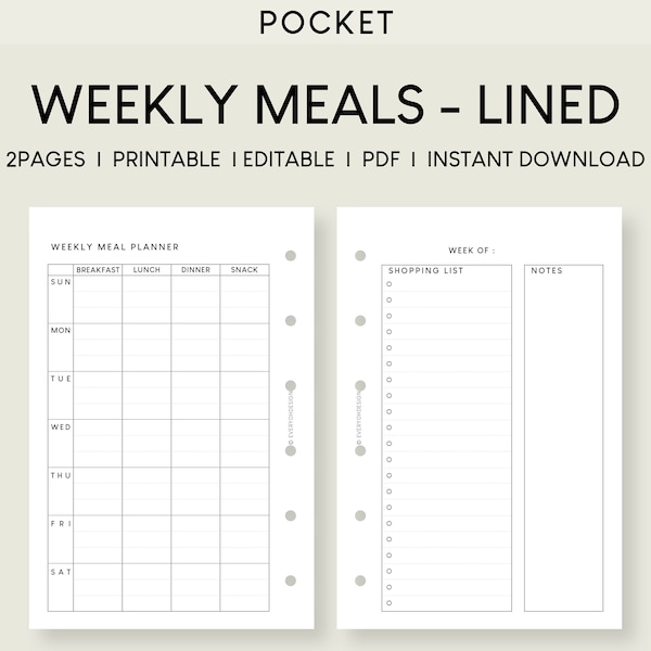 Pocket Weekly Meal Plan Printable Inserts | Minimalist Menu Planner Lined Note | Editable Diet Excel Template | To buy Grocery Shopping List