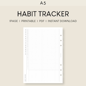 May include: A black and white printable A5 habit tracker with a grid layout and a column for each day of the year. The tracker has a title that says "Habit Tracker" and the text "1 page | Printable | PDF | Instant Download".