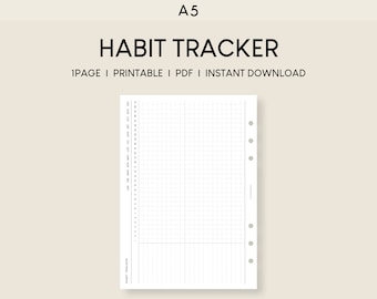 May include: A black and white printable A5 habit tracker with a grid layout and a column for each day of the year. The tracker has a title that says "Habit Tracker" and the text "1 page | Printable | PDF | Instant Download".