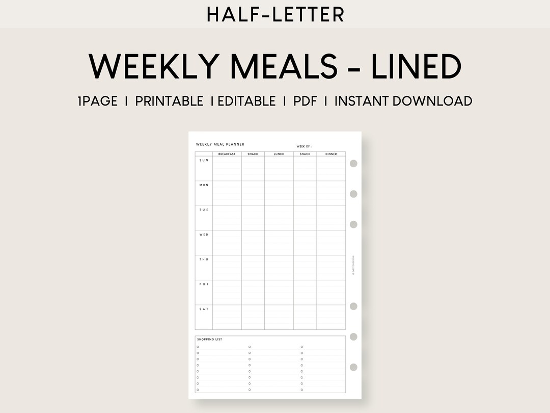 Half Letter Weekly Meal Planner Lined | Printable Minimal Inserts ...