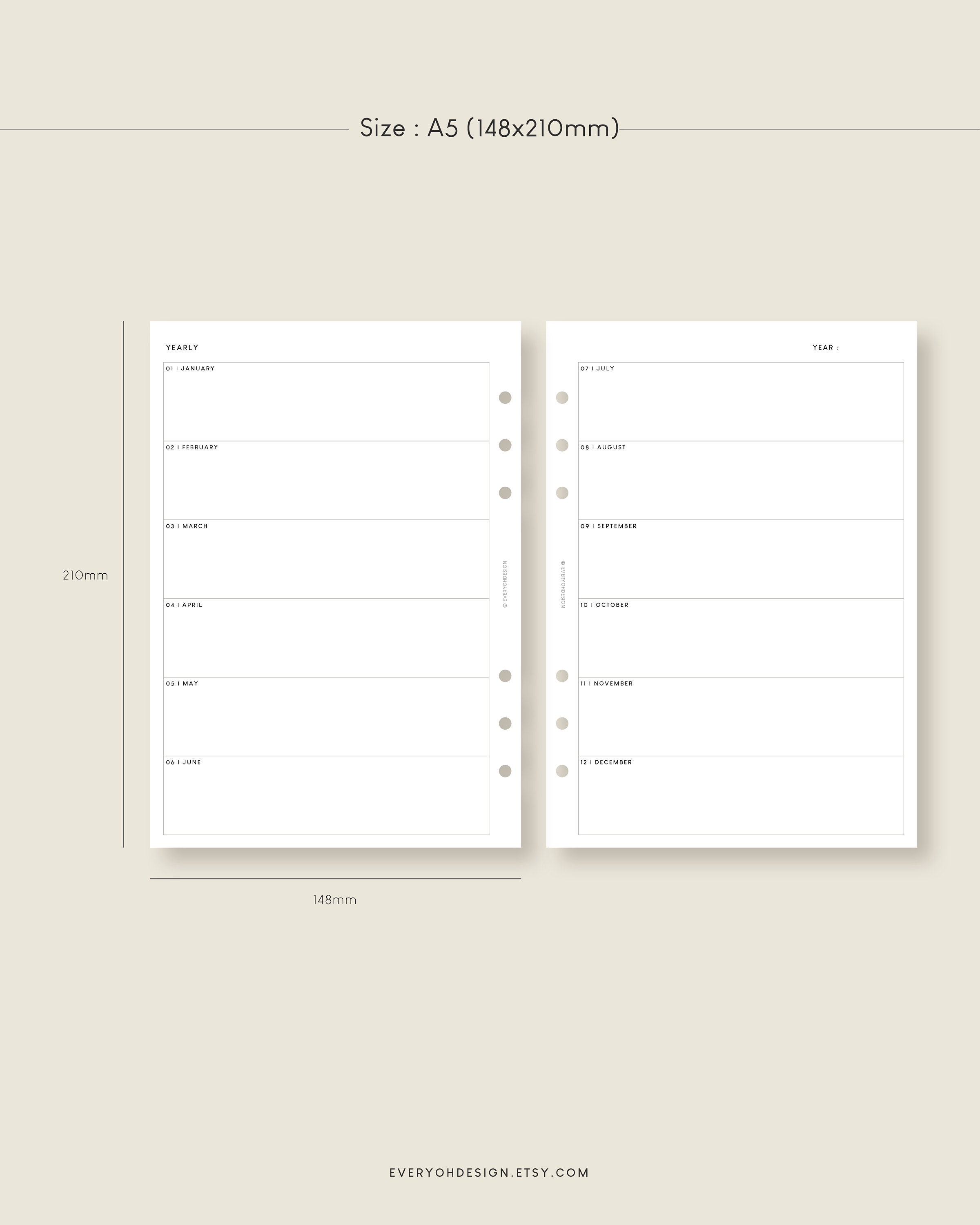 A5 Undated Yearly Planner Printable Inserts (PDF Template) - Etsy