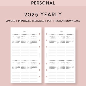 2025 年年間プランナー 個人用印刷可能挿入物 | カレンダーの概要 | 未来ログ編集可能テンプレート | 12 か月目標チャレンジ計画