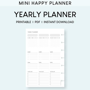 Könnte beinhalten: Ein druckbarer Jahresplaner mit Abschnitten für Ereignisse, Ziele und To-Do-Listen. Der Planer ist im minimalistischen Stil mit weißem Hintergrund und schwarzem Text gestaltet.