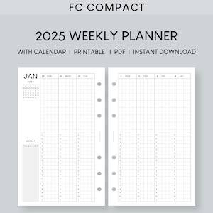 2025 Weekly Planner FC Compact Printable Inserts | Minimalist Dated 52 Weeks Log | Hourly Management Template | With Mini-Calendar