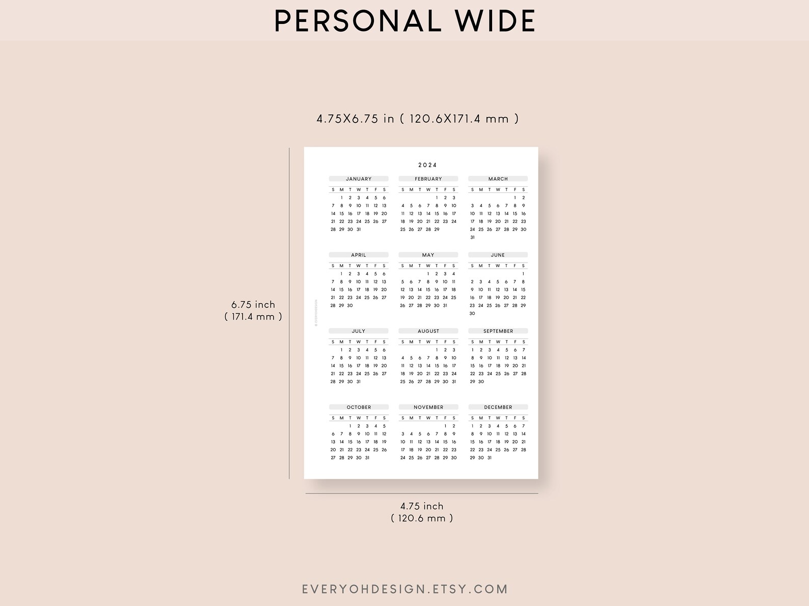 Personal Wide 2024 Calendar Printable Planner Insert Dated Yearly ...