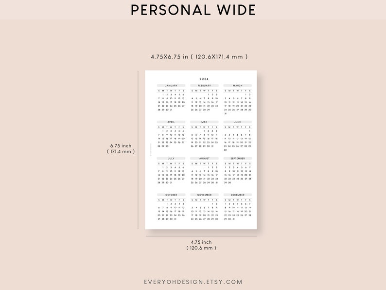 Personal Wide 2024 Calendar Printable Planner Insert Dated Yearly ...