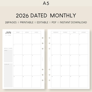 2026 Printable Monatsplaner A5 Einlage: Minimalistischer Kalender (PDF)