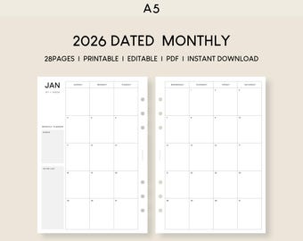 2026 Monthly Planner A5 Printable Insert: Minimalist Calendar (PDF)