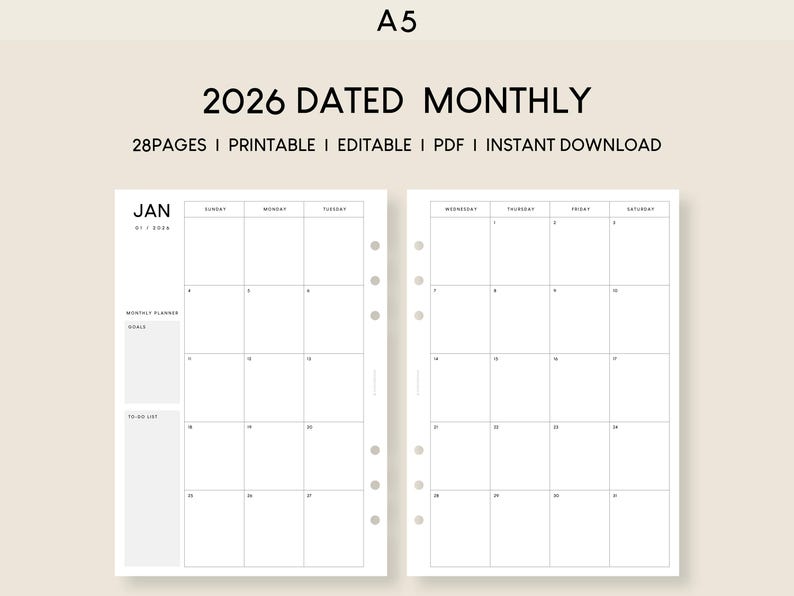 2026 Monthly Planner A5 Printable Insert: Minimalist Calendar (PDF) - Etsy