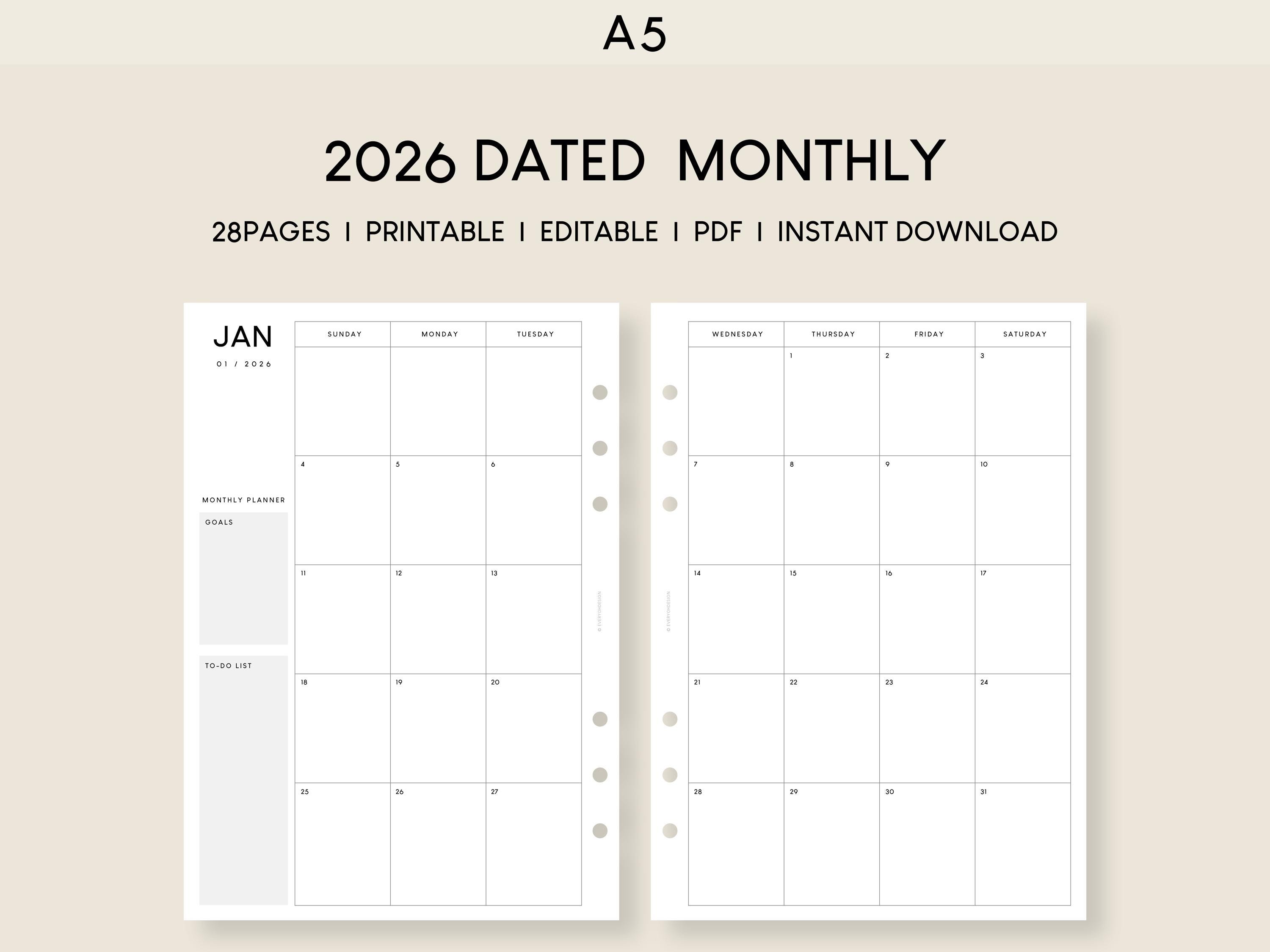 2026 Monthly Planner A5 Printable Insert: Minimalist Calendar (PDF) - Etsy
