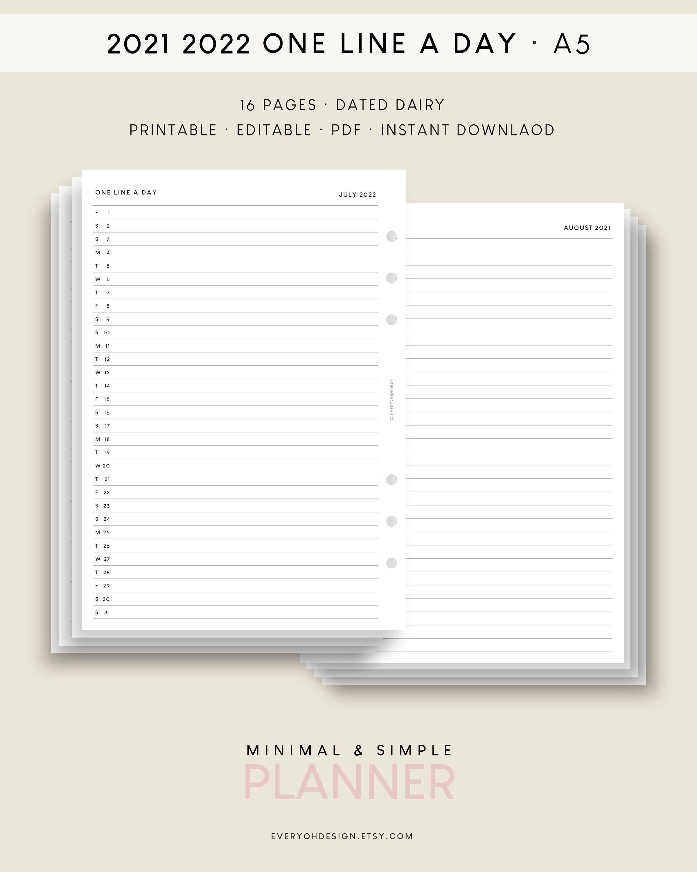2021 Vertical weekly printable insert minimal planner A5 Calendars