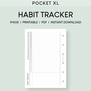 May include: A printable habit tracker for a pocket-sized planner. The tracker has a grid layout with a column for each day of the year and rows for different habits. The text "HABIT TRACKER" is printed at the top of the page.