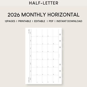 Planificador mensual 2026: Insertos imprimibles: Media letra horizontal (PDF editable)