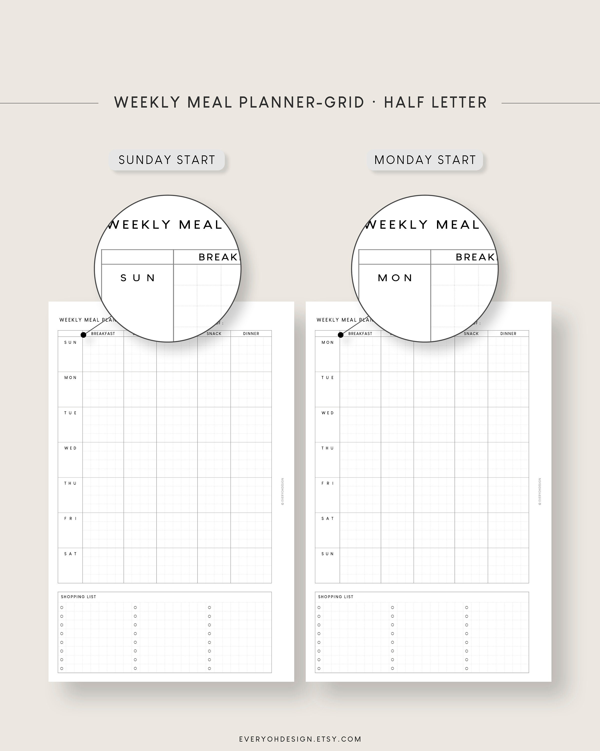 Half Letter Weekly Meal Planner: Minimalist Printable, Editable Menu ...