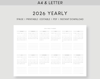 2026 Yearly Planner: Minimalist Printable Calendar (A4 & Letter)