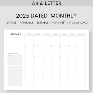 Calendario mensual 2025 en tamaño A4 y carta para imprimir MO1P / Plantilla de planificador mensual editable / Vista general del mes / Hoja de trabajo de resumen mensual simple