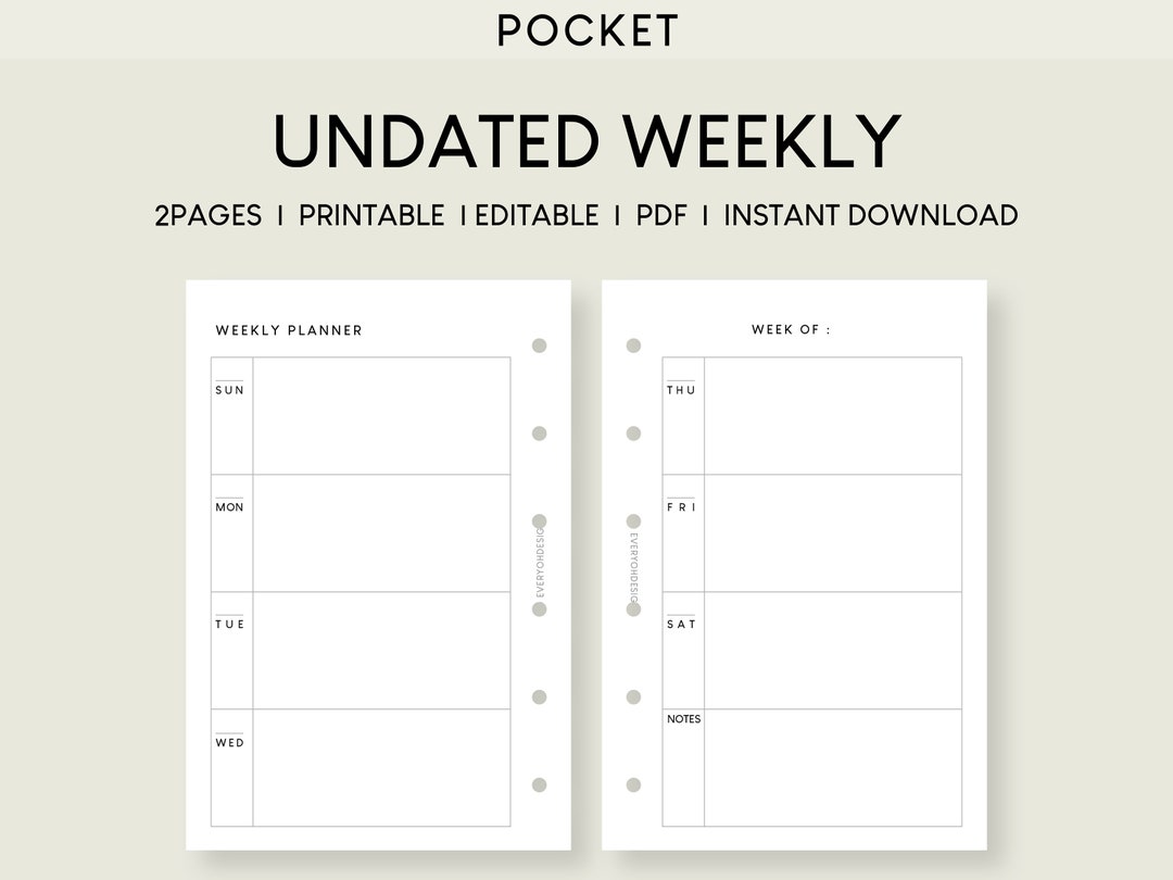 Printable Undated Weekly Planner Pocket Weekly Pocket Fillable Simple Pocket Planner Week on Two