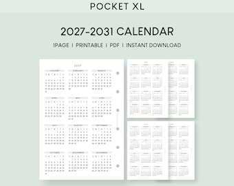 2027-2031 Yearly Calendar Printable: Pocket Plus(XL) Minimalist Template (PDF)