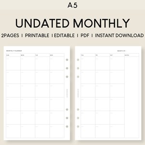 May include: A printable A5 monthly planner with two pages. The planner is undated and has a simple design with a grid layout for each day of the week.