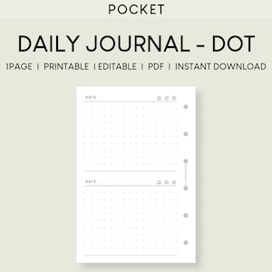 Puede incluir: Un diario diario imprimible y editable con dos páginas que presentan un diseño de cuadrícula punteada. El diario está diseñado para su uso en un planificador o cuaderno de bolsillo.