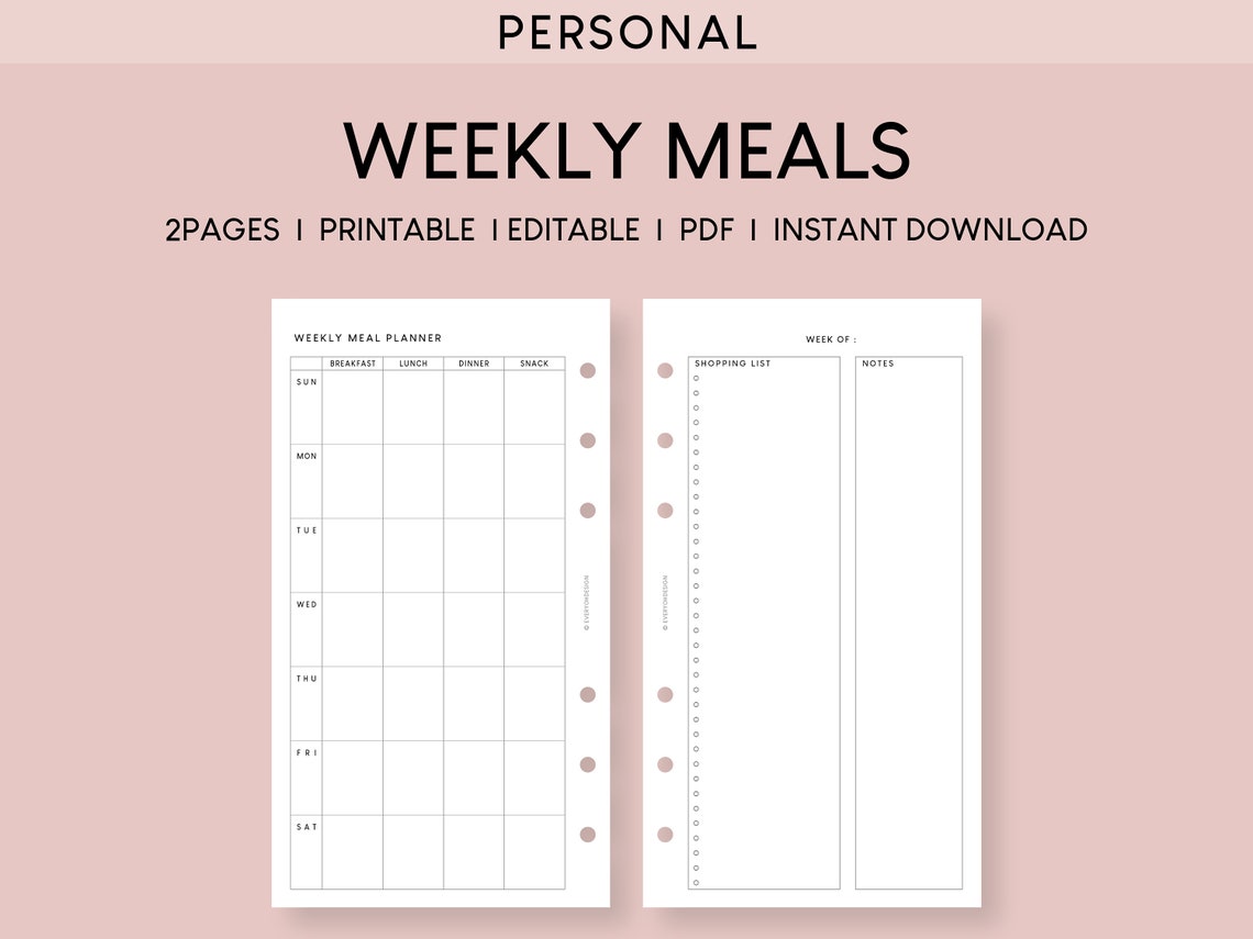 Printable Meal Planner Personal Inserts Undated Weekly Menu Log ...