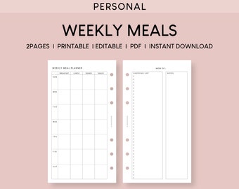 May include: A printable weekly meal planner with sections for breakfast, lunch, dinner, and snacks. It also includes a shopping list and notes section. The planner is designed for personal use.