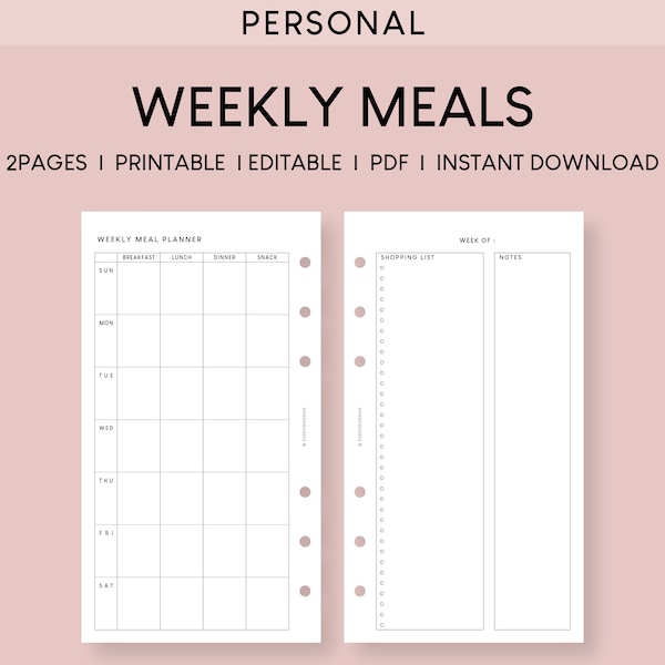 Printable Meal Planner Personal Inserts | Undated Weekly Menu Log | Editable Eating Plan Worksheet | Healthy Food Prep Planning Template