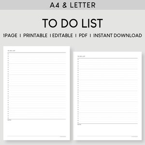 May include: A printable to-do list template in PDF format. The template is designed for both A4 and Letter size paper. The template has two columns with lines for writing tasks and a notes section at the bottom.