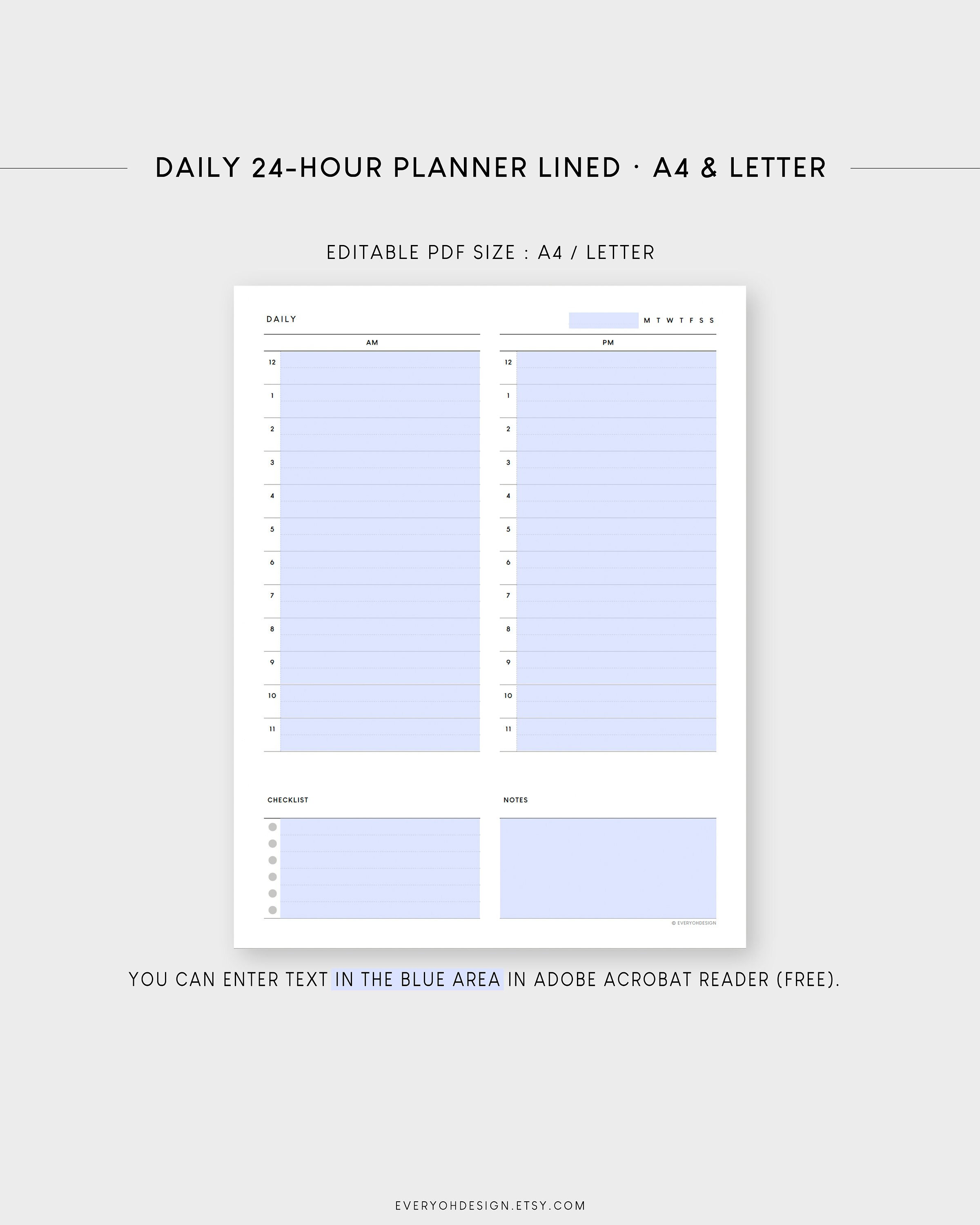 24 Hour Daily Planner Printable: Minimalist Hourly Schedule (A4 ...