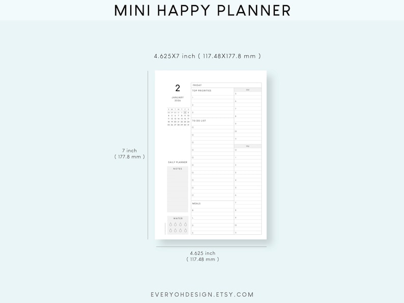 2026 Daily Planner Mini Happy Planner Printable Inserts: Hourly ...