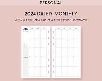 Personal 2024 Calendar Monthly Planner Printable Inserts | Schedule Organizer Editable Spreadsheet | Minimalist Dated Planning Template