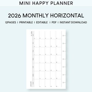 2026 Monatliche Planer druckbare Einsätze: Mini HP Horizontal (druckbare & bearbeitbare PDF)