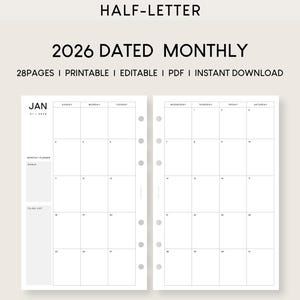 Calendario mensual de media letra 2026: Inserto imprimible (PDF editable)