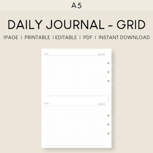 May include: A printable A5 daily journal with two pages featuring a grid pattern. Each page has a space for the date and a section with six circles for bullet points.