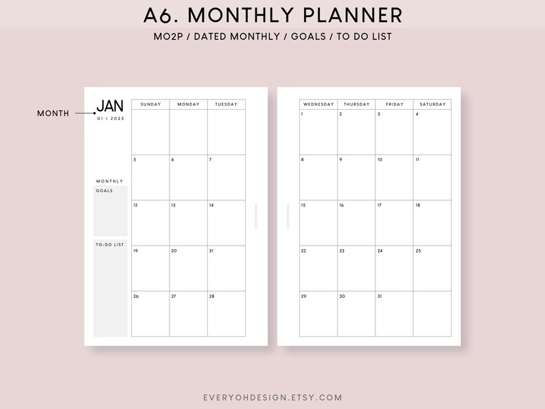 2025 Monthly Calendar A6 Printable Inserts | Dated Planner Editable ...