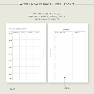 Pocket Weekly Meal Plan Printable Inserts | Minimalist Menu Planner ...