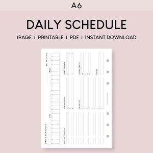 May include: A black and white printable daily schedule planner in A6 size. The planner includes sections for today's schedule, top priorities, habit tracker, today's meals, and notes.