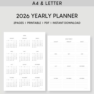 Könnte beinhalten: Ein minimalistischer Jahresplaner 2026 in Schwarz und Weiß. Die linke Seite zeigt ein Kalenderlayout mit Monaten und Daten, während die rechte Seite einen Jahresüberblick mit Platz für Notizen bietet. Der Text oben lautet "A4 & LETTER" und "2026 YEARLY PLANNER".