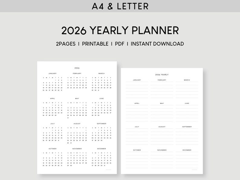 2026 Yearly Planner Printable: A4 & Letter, Minimalist Template (PDF