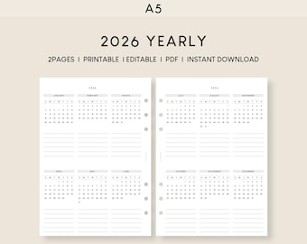 2026 A5 Yearly Calendar Planner: Minimalist Printable Insert (PDF)