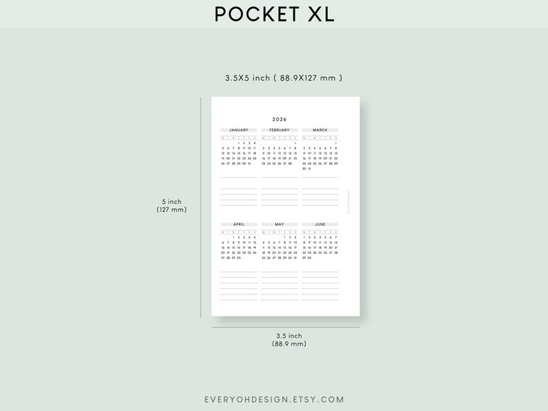 2026 Yearly Calendar Printable Inserts: Pocket Plus XL, Minimalist ...