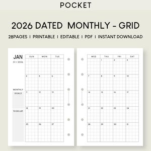 2026 Pocket Monthly Calendar Printable Inserts: Grid Notes (PDF)