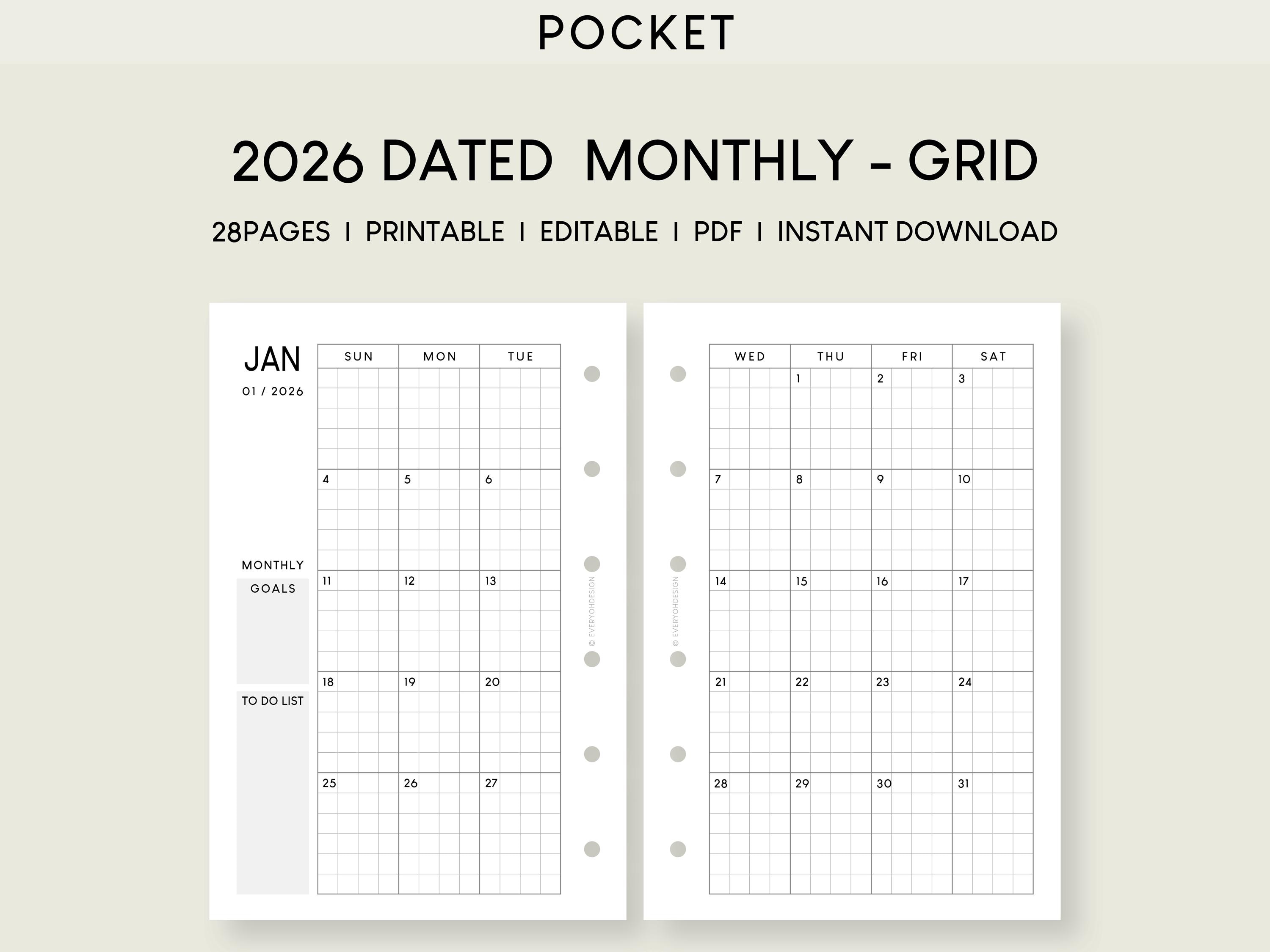 2026 Pocket Monthly Calendar Printable Inserts: Grid Notes (PDF) - Etsy