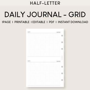 Inserto imprimible del diario de media letra / Una página en dos días / Diario sin fecha / Plantilla de planificador minimalista editable / Escritura en un diario