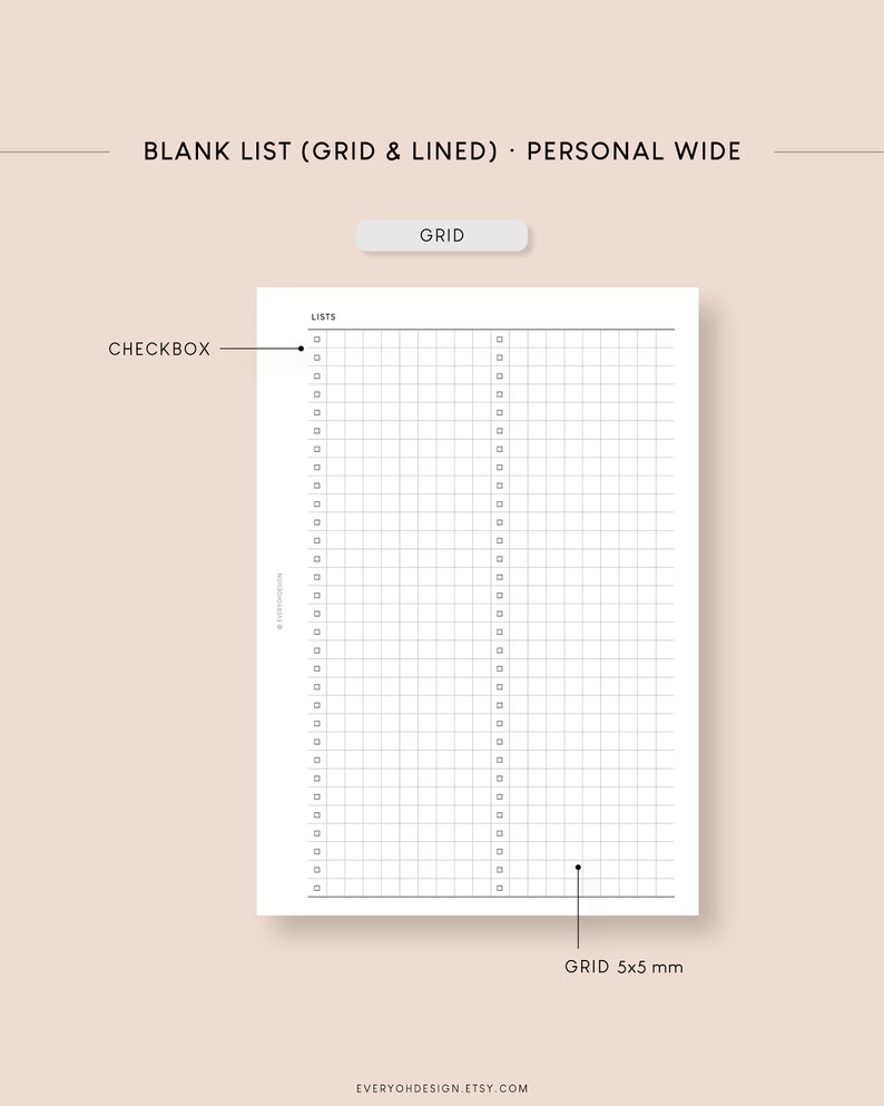 Blank Lists Grid & Lined Personal Wide Printable Planner Inserts ...