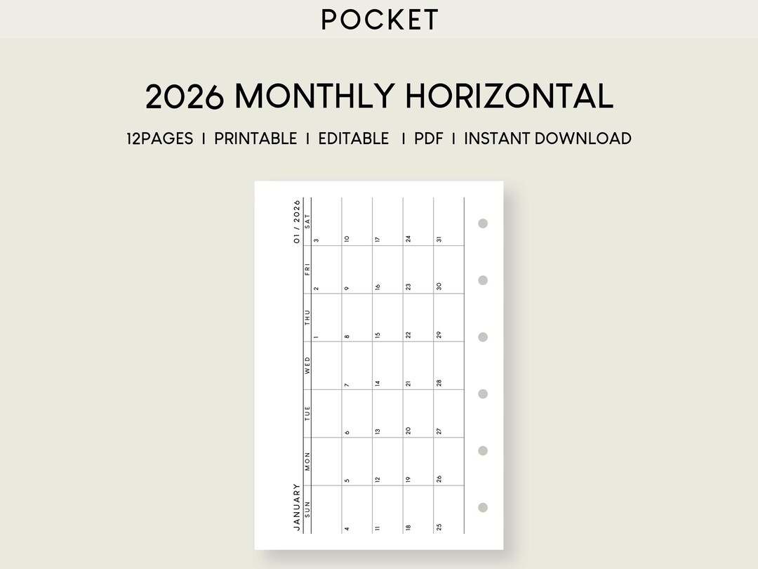 2026 Pocket Monthly Planner Printable Inserts: Horizontal Layout (PDF ...