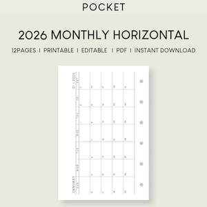 2026 Pocket Monthly Planner Printable Inserts: Horizontal Layout (PDF)